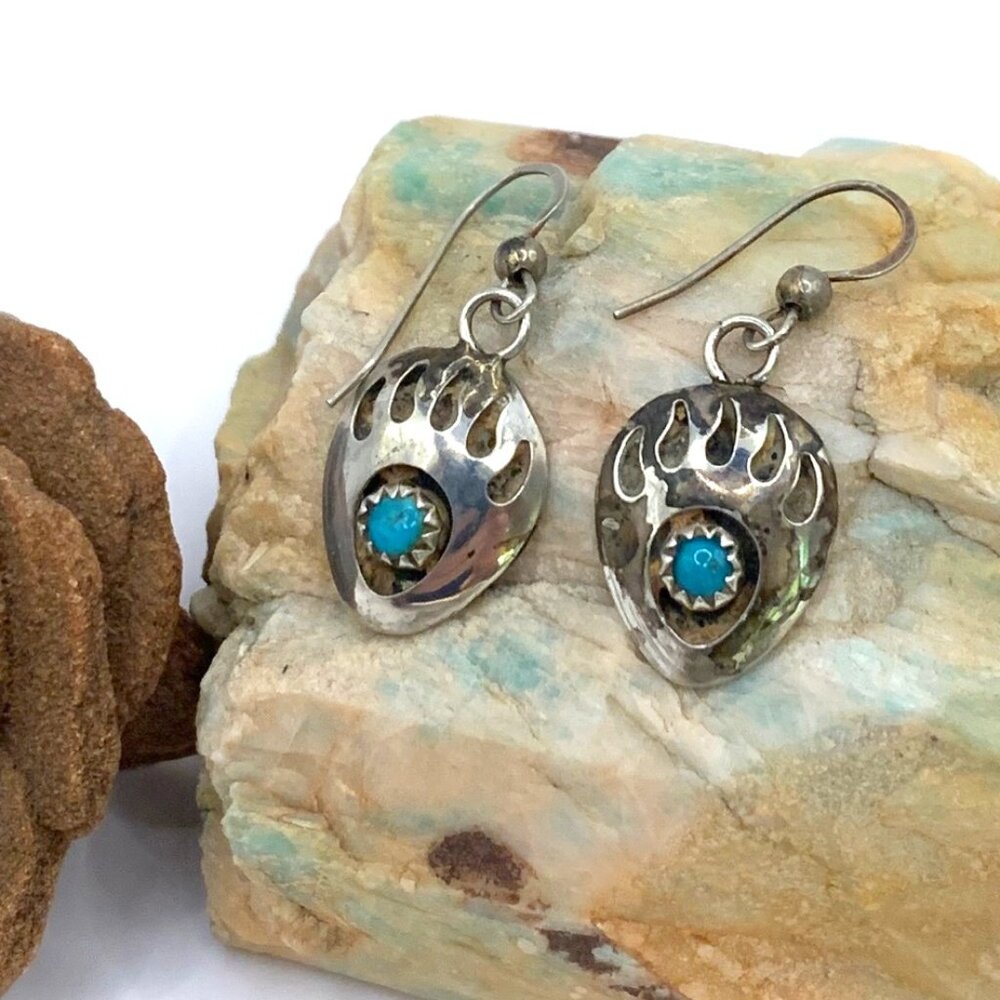 Bear Claw Turquoise Sterling Silver Shadowbox Vintage Earrings Signed RB J783